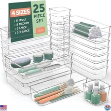 25 PCS Clear Drawer Organizers Set - 4 Sizes for Makeup, Kitchen, Office & More