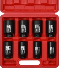8PC 1/2-In Drive Deep Spindle Axle Nut Impact Socket Set 6 Poin SAE 1" to 1-1/2"