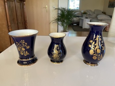 Vasen Set 3x Echt Kobalt Porzellan Bavaria Germany Goldrand
