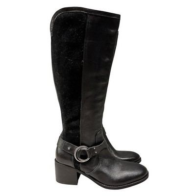 Marc Fisher Harness Knee High Boots Block Heel Women's 10M Black Leather Classic
