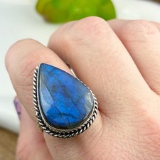 Blue Labradorite Ring Size 9 1/2 9.5 Sterling Silver 925 Overlay Vintage Boho