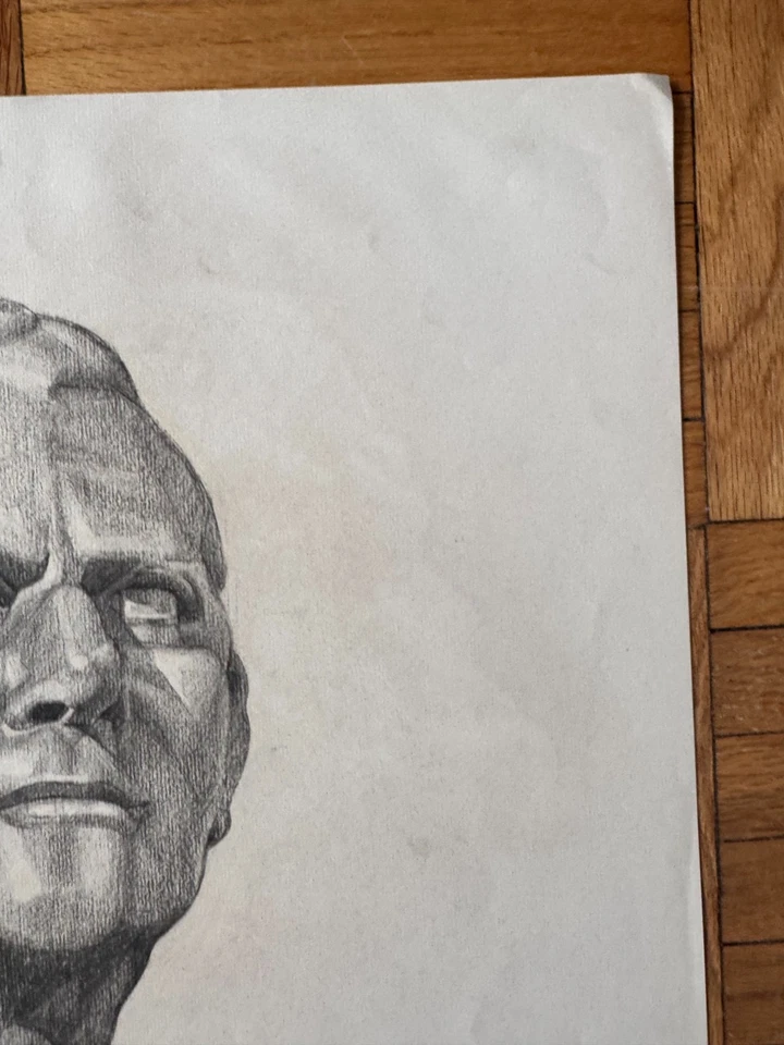 Busto clásico griego romano vintage años 40 dibujo a lápiz George Malick 18x22 Foto 4 de 4