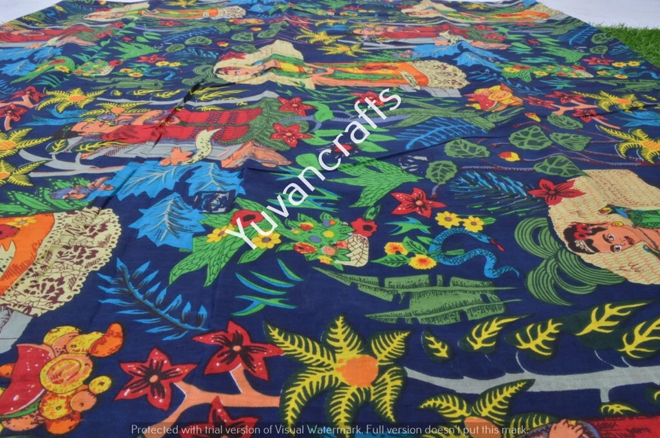 Indian Handmade Hand Block Frida Kahlo Printed Cotton 5 Yard Fabric Natural Blue - Image 3 of 3