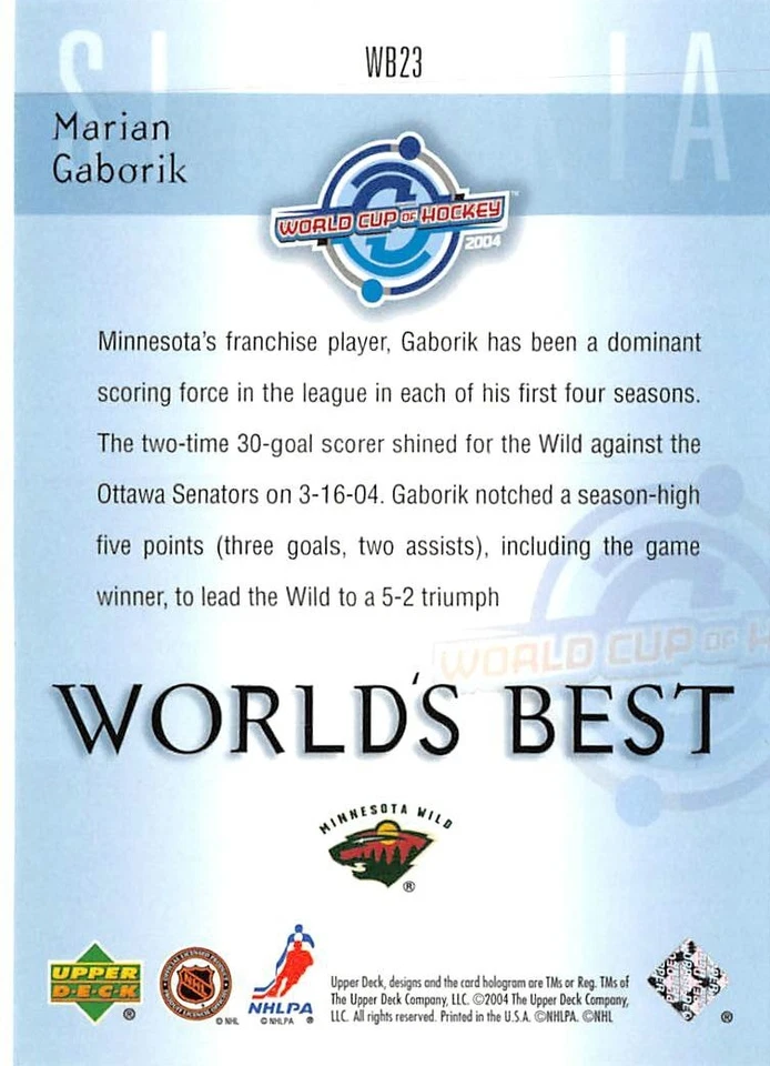 2004-05 Upper Deck World's Best #WB23 Marian Gaborik - Image 2 of 2