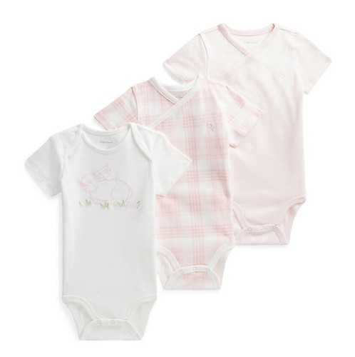 NWT New Ralph Lauren Baby Girls 3-pk Pink & White Easter Bodysuits $59 Gift 3M  - Afbeelding 1 van 2