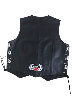 Hudson Leather Women's Braided Black Motorcycle Fringed Vest Laced Sides Sz L