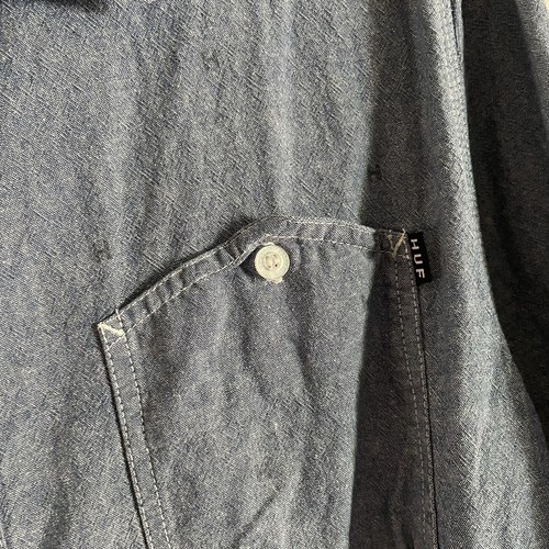 HUF Men Size XXL Blue Monogram Chambray Woven Cotton Long Sleeve Button Up Shirt - Picture 6 of 13
