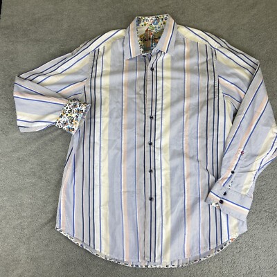 Robert Graham Men's Large Long Sleeve Striped Floral Flip Cuff Button Up Shirt