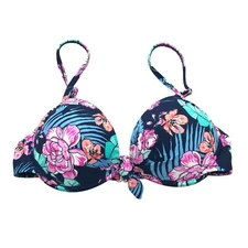 So Bikini Top Blue Pink Underwire Molded Cups Floral Tropical Pink Blue L