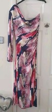 Stunning Ladies Size 16 Navy Multi Ruched 1-shoulder Stretch Midi Dress Bnwot