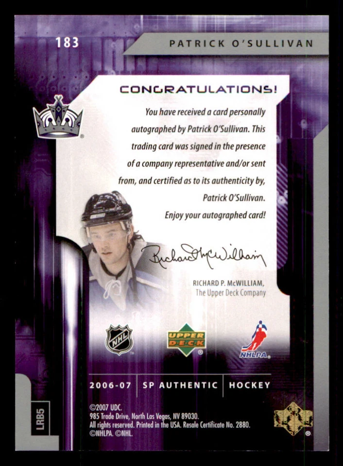 2006-07 SP Authentic #183 Patrick O'Sullivan AU RC /999 (ref 240143) - Image 2 of 2