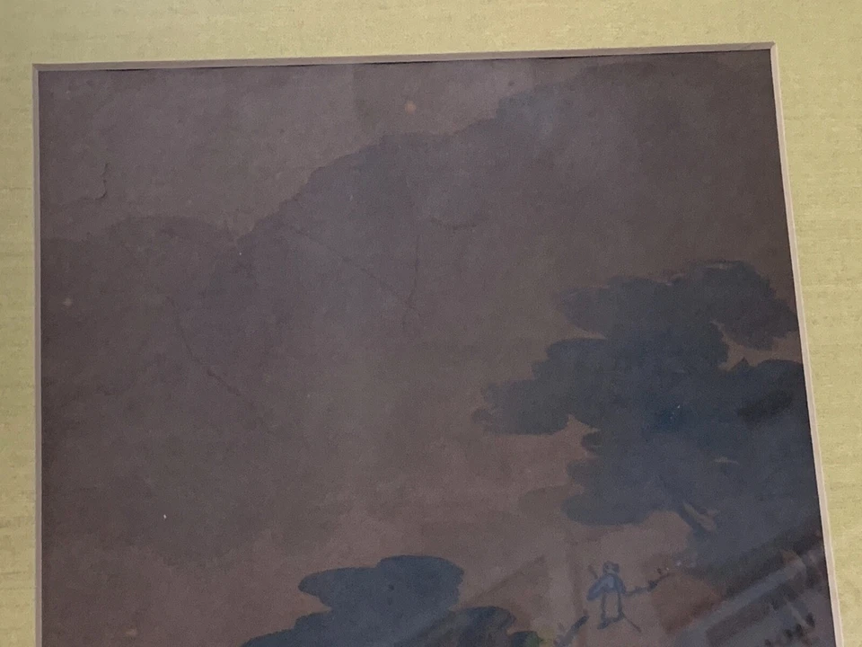 Антикварная китайская или японская акварель деревья пейзаж и фигурка - Изображение 2 из 4