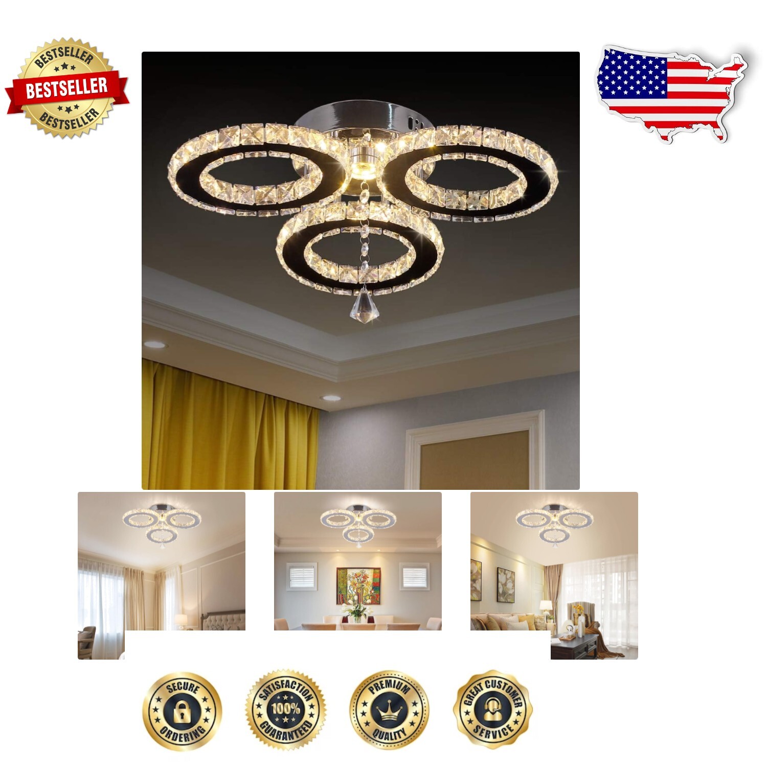 3-Ring LED Crystal Chandelier - Contemporary Flush Mount Ceiling Light 13x3.5
