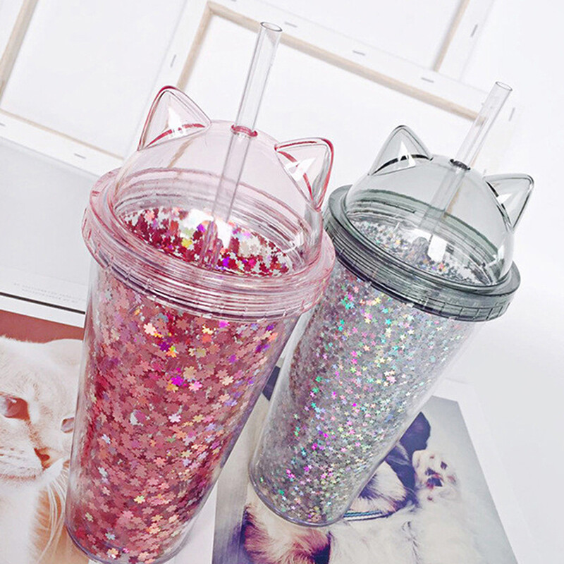 Insulated Double Wall Tumbler Cup with Lid and Straw Glittering Simple