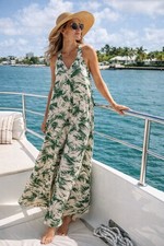 Entro Maxi Dress L Tropical Palm Green Ivory Halter Back Flowy Resort Vacation