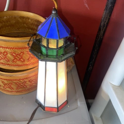VINTAGE STAINED GLASS Light House Tiffany Style Nautical  Beach Night Light Lamp