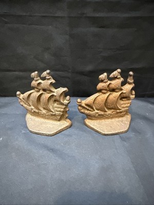 PAIR Antique Cast Iron Sailboat Book Ends, 2 Ship Book Ends  (READ)