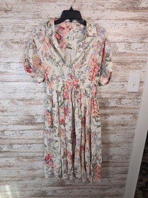 Calypso St. Barth Dress Women Medium Beige Floral Pleated Tie-Waist Cottage Core