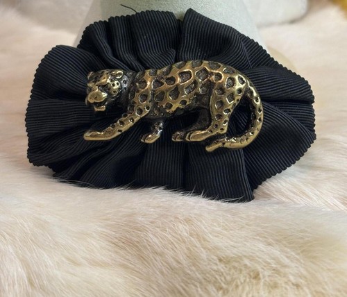 Vintage Black Ruffled Hair Barrette with Gold Leopard Accent - Made in France