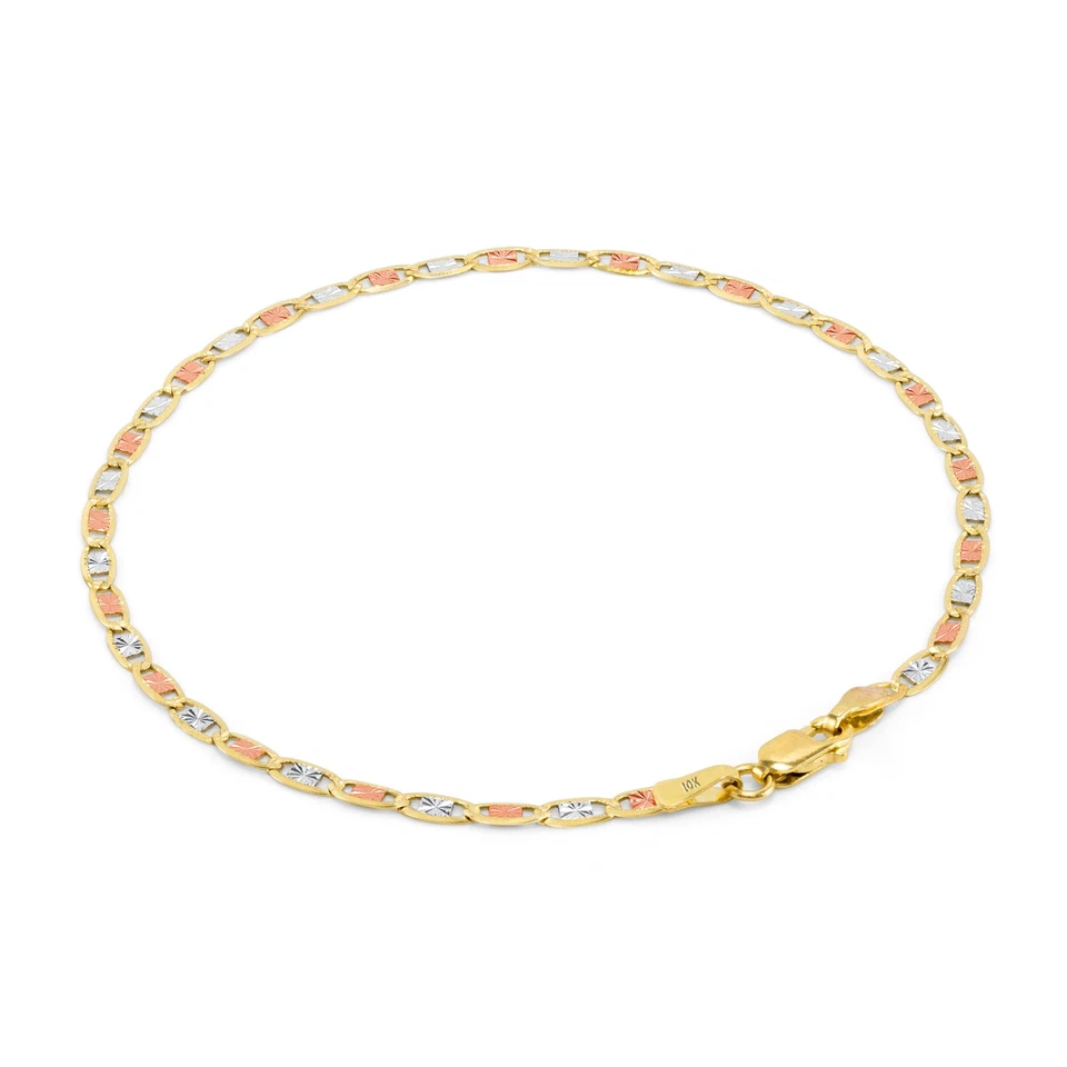 10K Solid Yellow Rose White Tri Gold 2.5mm Valentino Chain Womens Bracelet 8" - Image 3 of 4