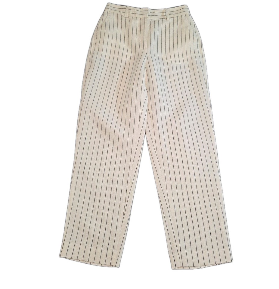TRENERY French Linen Tailored Pants Size 6 Tapered White Navy Blue Pinstripe
