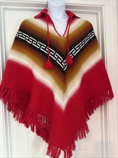 VTG 70s Poncho Aztec Accent Fringe Poms Red Fits S M BARGAIN Different Unique