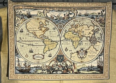Vintage World Map French Tapestry Wall Hanging Home Decor w/Rod 42 x 32 