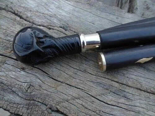 Handcrafted Black Skull Head Walking Stick – Brass Inlay Wood Skull Handle Cane - Image 4 of 4