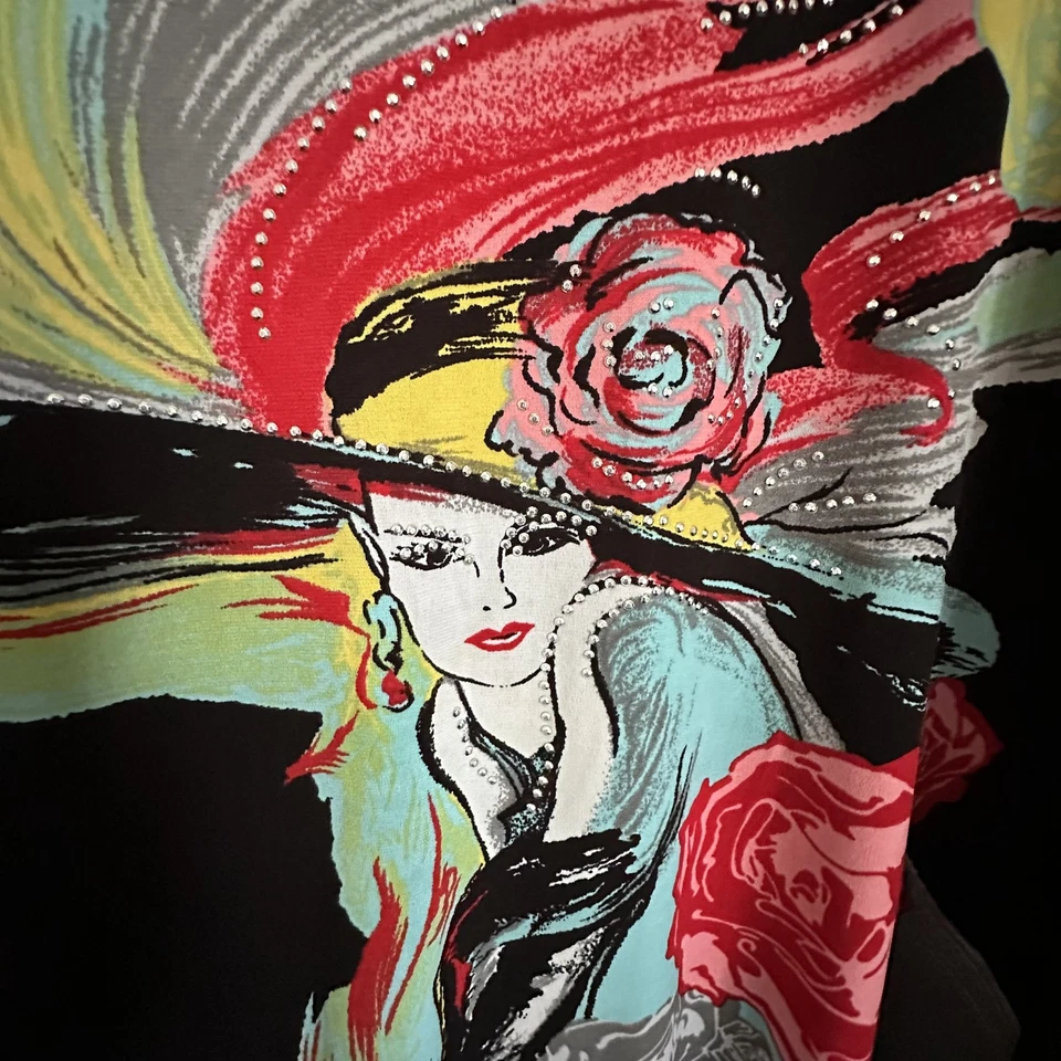 Top túnica Valentina para mujer mediano negro arte gráfico rosas estrás manga 3/4 Foto 2 de 4