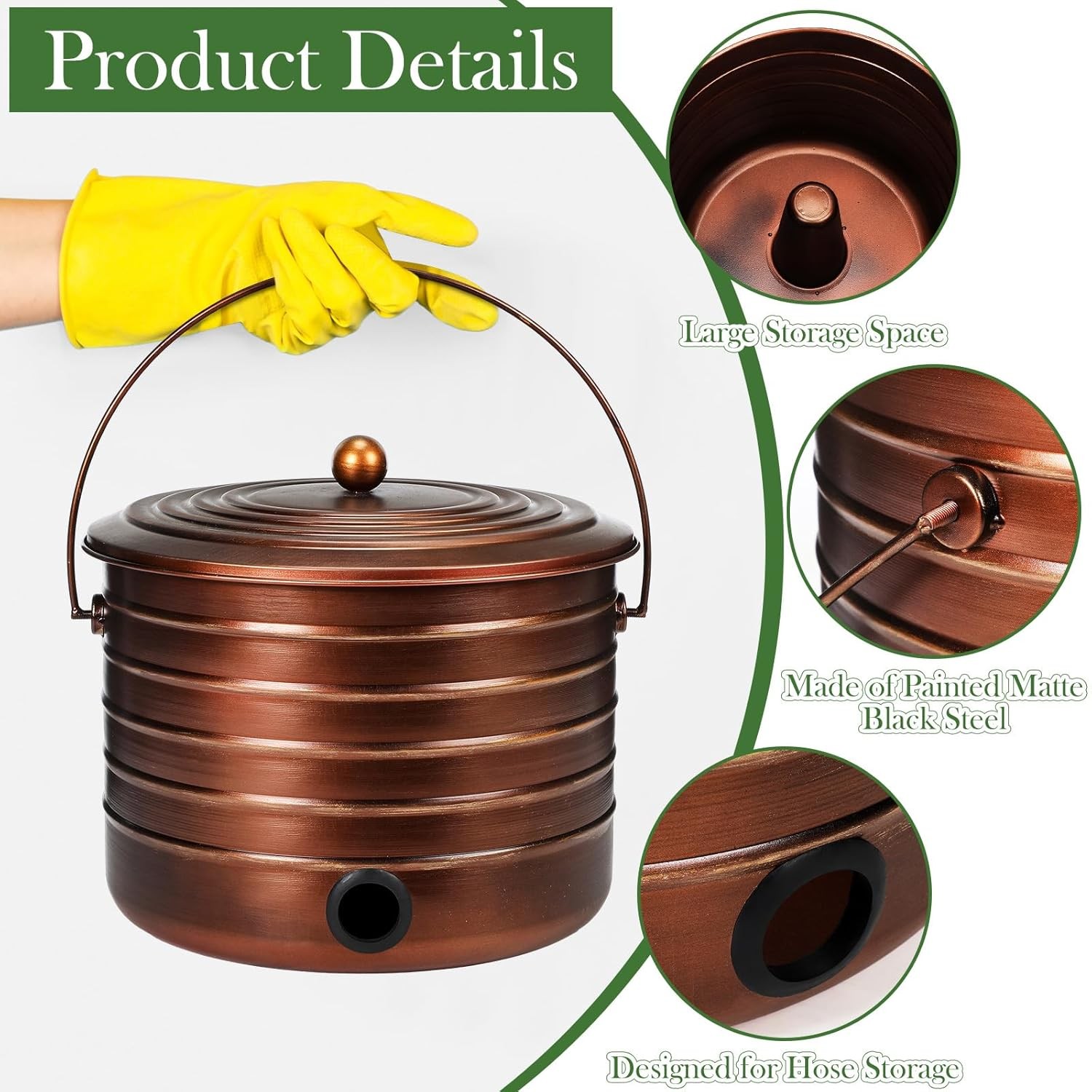 Garden Hose Pot with Lid and Handle,Matte Brass Ribbed Steel Garden Hose Holder