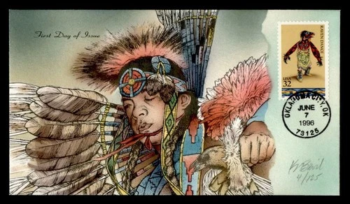 DR WHO 1996 FDC INDIAN RAVEN DANCE BEVIL HANDPAINTED CACHET M75367