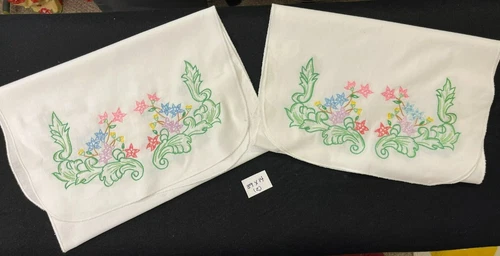 2 Vintage Cotton Blend Floral Embroidered Dresser Scarves/Table Runners 39x15