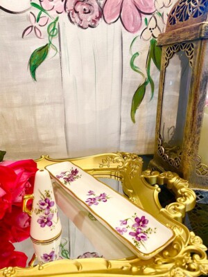 Vintage Hammersley VICTORIAN VIOLETS Mint Tray and candle stopper