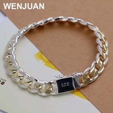 925 Sterling Solid Silver 10mm Sideways Chain Bracelet Men Women Jewelry 20CM