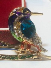 Vintage Style Crystal & Enamel Kingfisher Brooch Shawl Bird Pin Jewellery