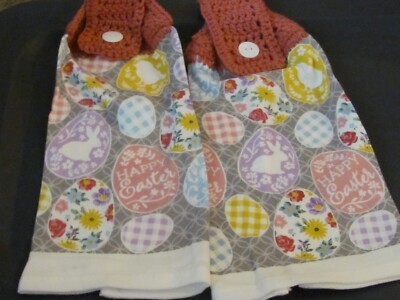 2  BRAND NEW HANDMADE CROCHETED HANGING KITCHEN TOWELS EGGS WITH PICTURES