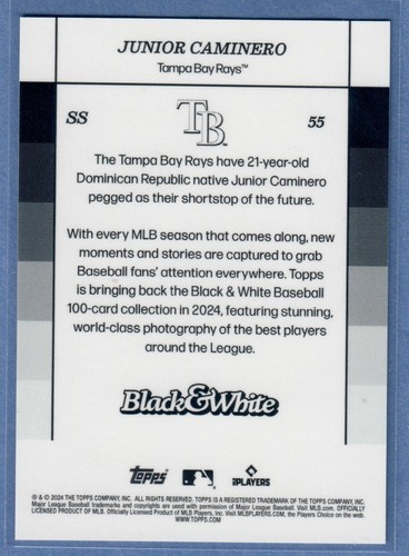 2024 Topps Blanco y Negro Junior Caminero Rookie #55 Rays RC CANTIDAD - Imagen 2 de 2