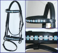 FSS Bridle AQUAMARINE BLUE Daisy Flower Crystal COMFORT Padded Bling Rhinestone