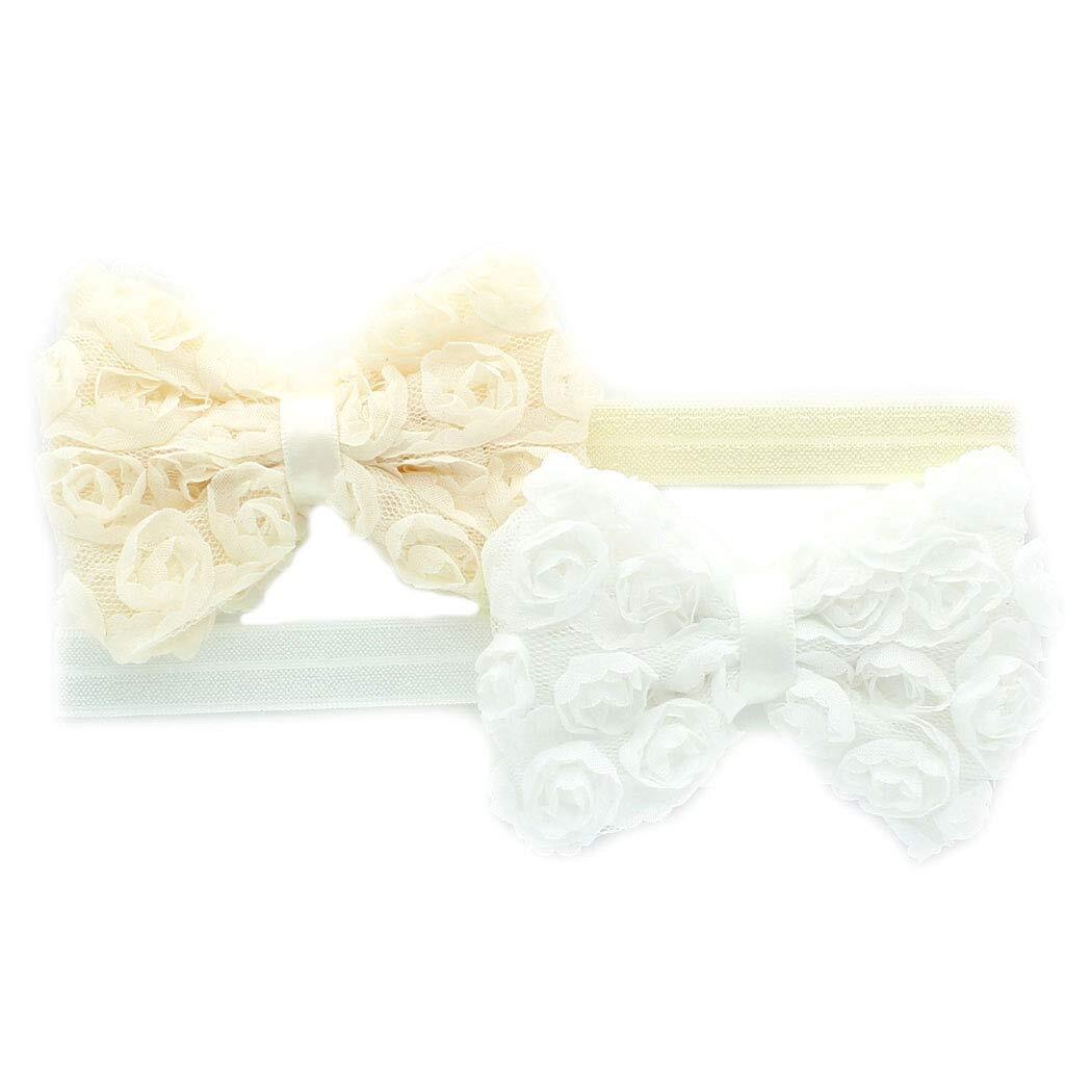 2 Pack Infant Baby Mixed Colors Fabric Rose Bow Headbands Ivory/White