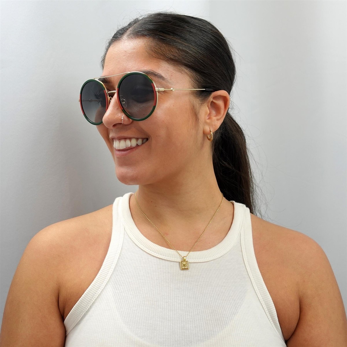 GUCCI GG0061S ブラウン サングラス Gucci Green Gradient Round Ladies Sunglasses GG0061S 003 56
