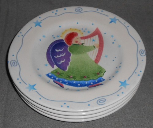 Set (4) Block ANGELICA PATTERN Salad Plates DEB MORES Holiday - Christmas - Picture 9 of 10