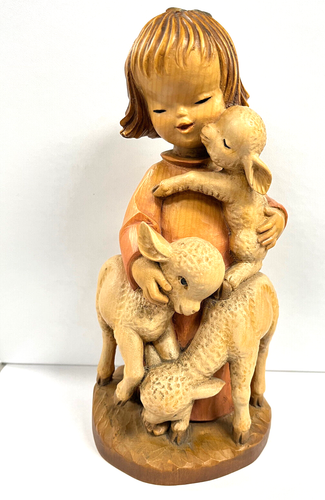 Anri Italy Wood Carving “The Good Shepherd” Figurine Girl with Lambs HTF 9 3/4"