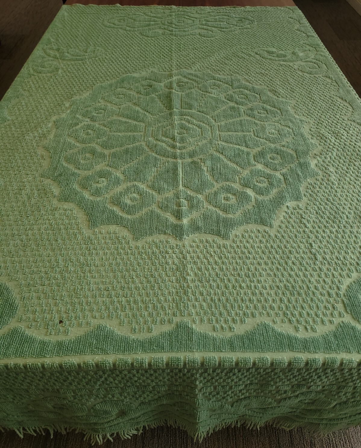 Vintage Green Chenille Bedspread Fringe 99 x 110" King Size Blanket See Hole eBay