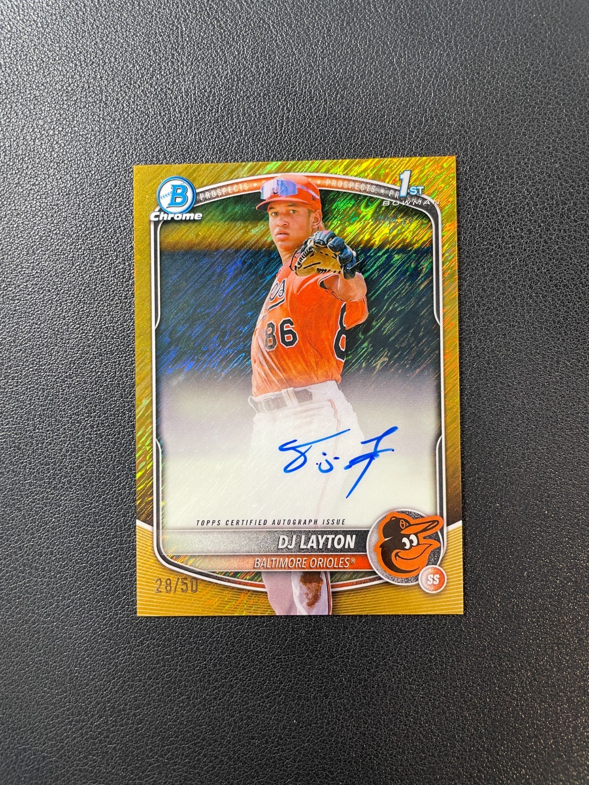 2025 Bowman Chrome #CPA-DL DJ Layton 1st Gold Shimmer Refractor Auto 28/50 BRDL
