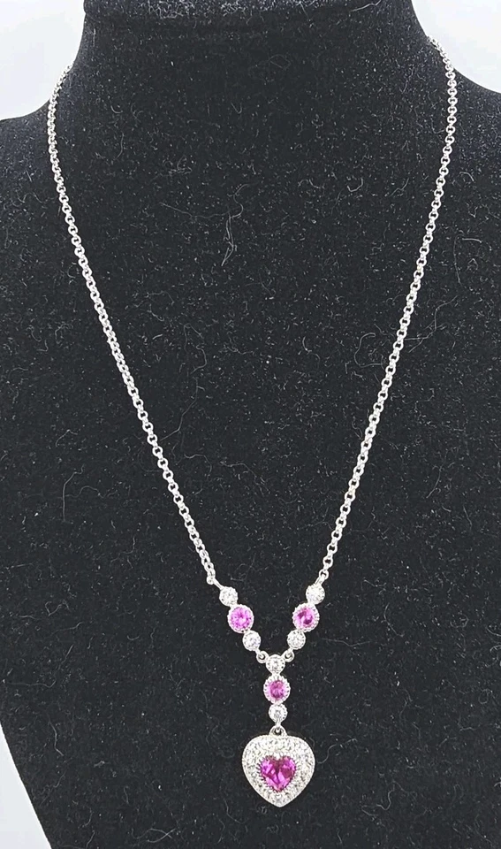 Vintage Sterling Silver And Lab Created Ruby Heart Pendant Necklace  16" 7.45g - Image 2 of 4