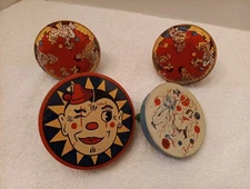 Lot of 4 Vintage Tin Toy Noise Makers Kirchhof US Metal Party NYE Circus Clowns