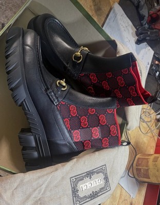 Gucci Men's Black Red Chelsea Boots Logo Accents Gold Hardware Leather