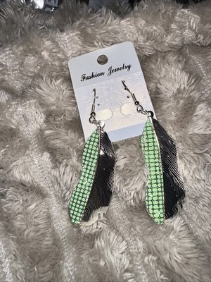 NEW Mint Green Feather Dangle Earrings
