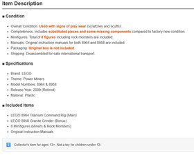 LEGO 8964 Titanium Command Rig Power Miners 8958 8 Minifigs Retired Manual Japan