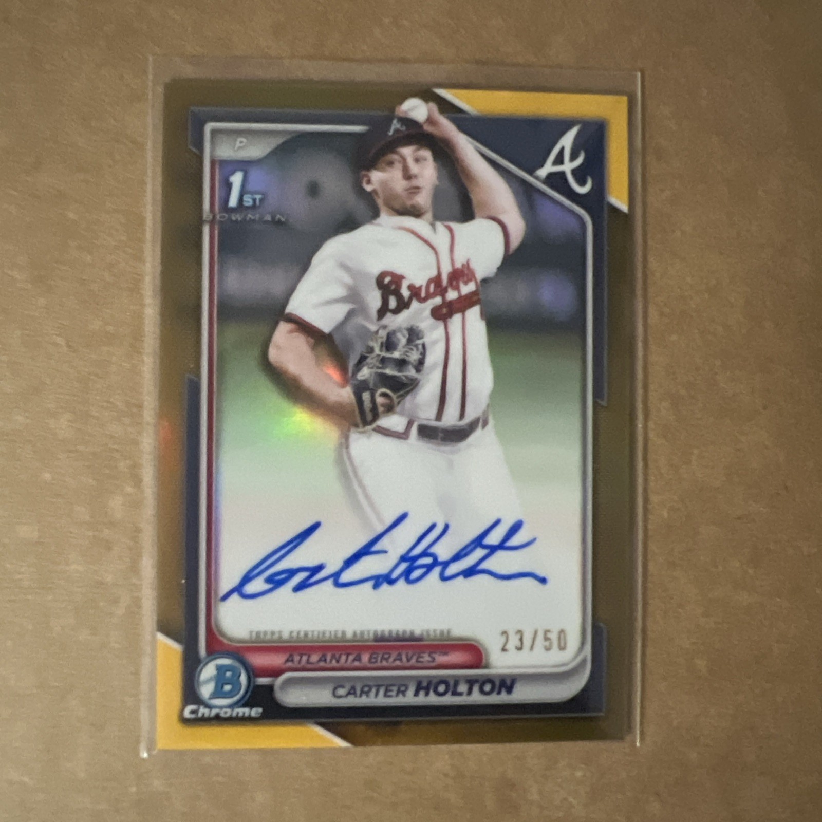 2024 Bowman Draft Chrome 1st Carter Holton Prospect Auto 23/50 Gold Braves